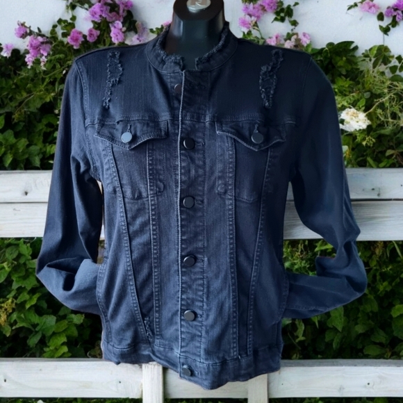 Rachel Roy Distressed Black Denim Jacket - Picture 1 of 8